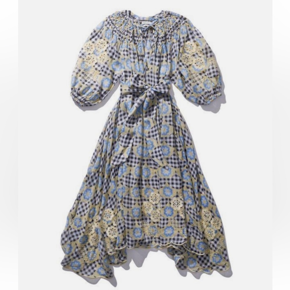 Gingham Floral Puff-Sleeve Maxi Dress in Blue and butter yellow